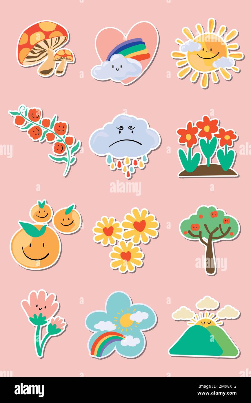 Cute natural doodle sticker set on a pink background vector Stock Vector