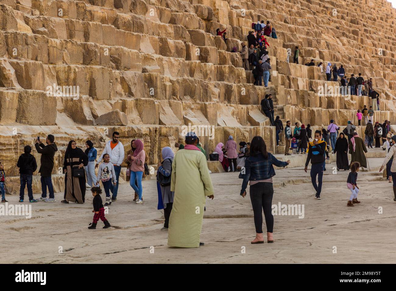 CAIRO, EGYPT JANUARY 28, 2019 People climb the Great Pyramid of Giza