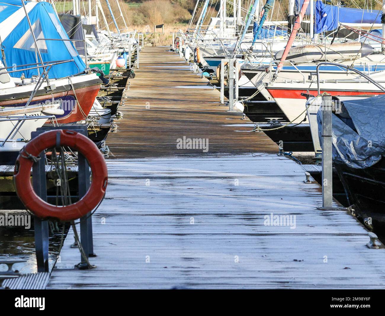 Lough Neagh, Kinnego, near Lurgan, County Armagh, Northern Ireland, UK. 17 Jan 2023. UK weather - after heavy overnight  frost and ice, a bitterly cold day despite the sunshine in the west-north-west (WNW) wind. Out of sunshine, the frost remained all day - frost on a wooden jetty at the marina.Credit: David Hunter/Alamy Live News. Stock Photo