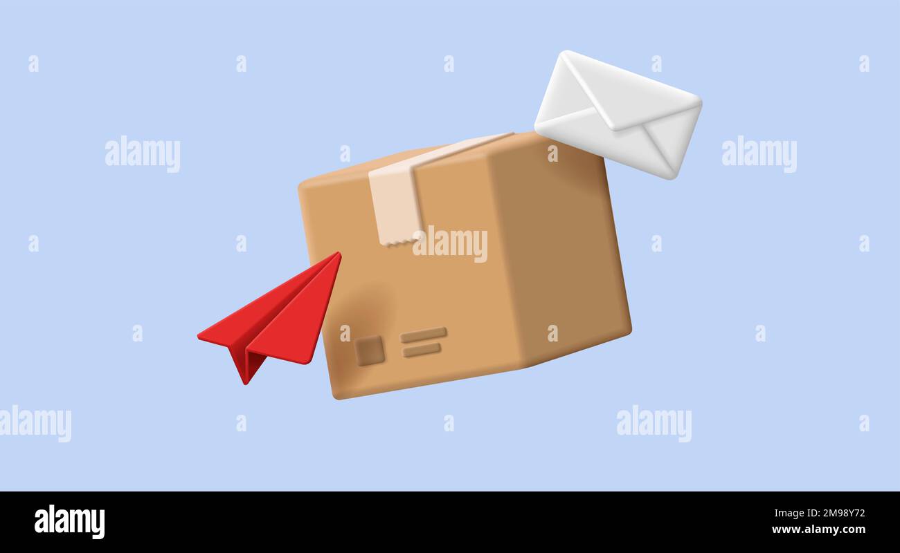3D vector cardboard box icon with red paper plane and letter envelope