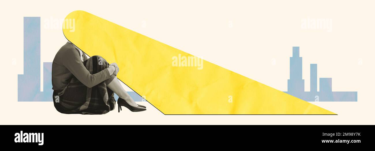 Contemporary art collage. Woman sitting in despair with empty space for ...