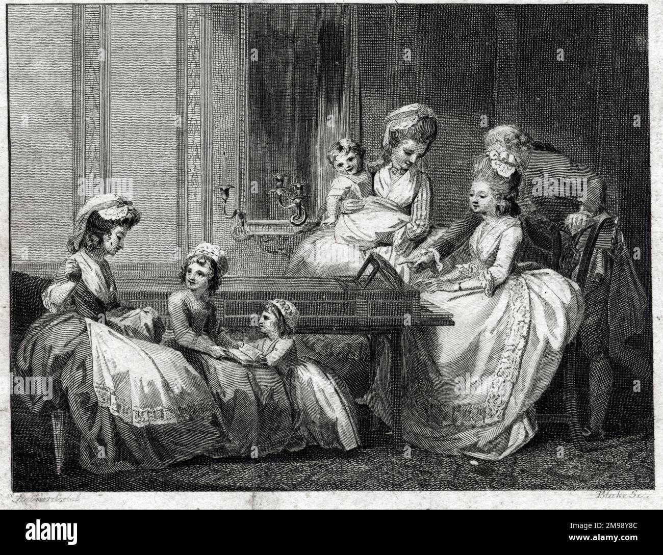 Morning Amusements -- Charlotte, Princess Royal (1766-1828), and her four sisters (Augusta Sophia, Elizabeth, Mary, Sophia), all daughters of King George III. A sixth daughter, Amelia, was born the following year. Stock Photo