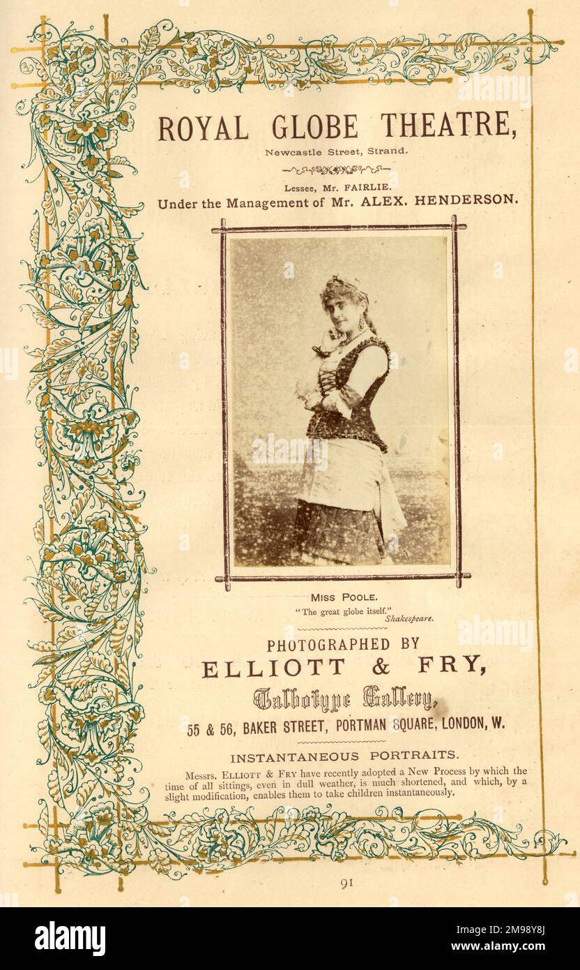 Advert for Elliott and Fry, photographers -- Miss Poole, Royal Globe Theatre, Newcastle Street, Strand, London, under the management of Alex Henderson. Stock Photo
