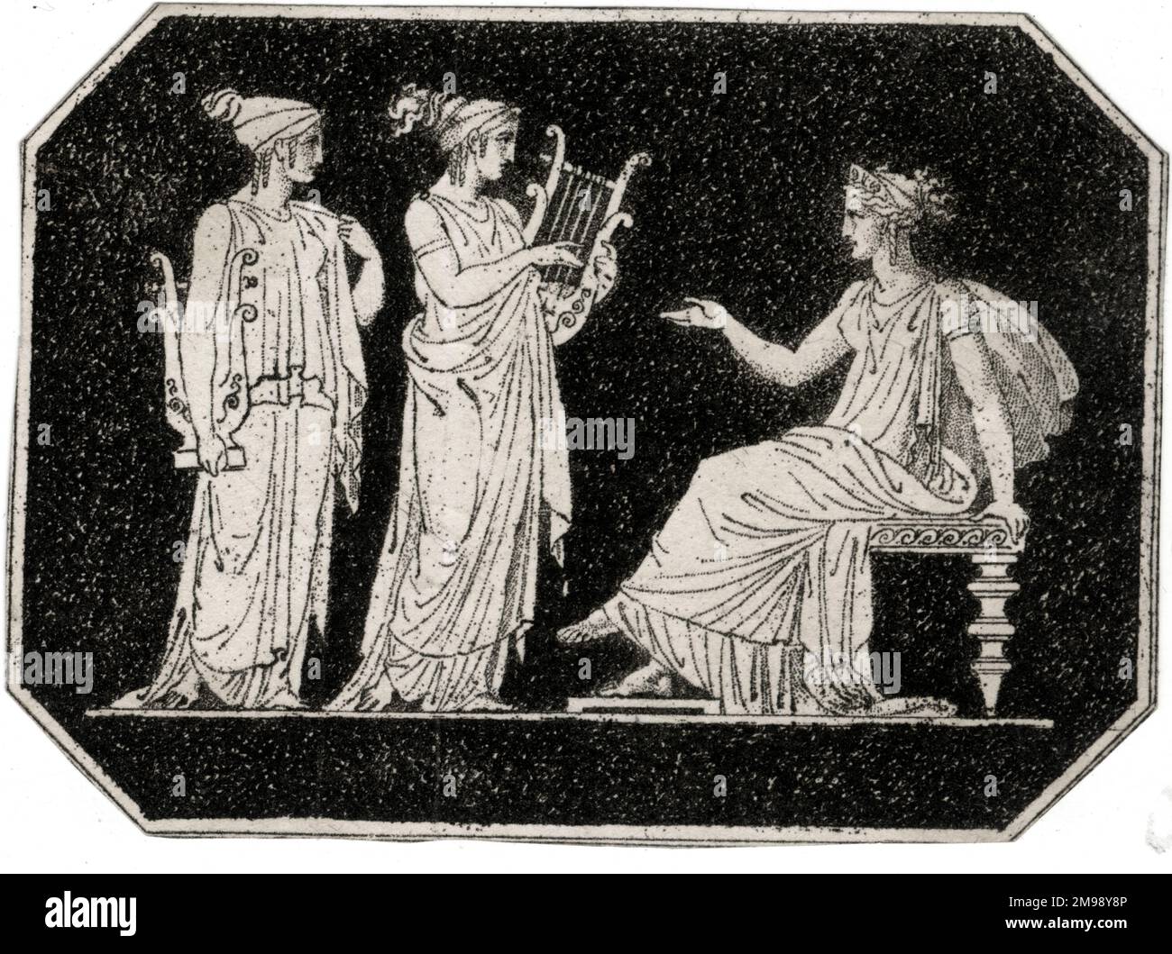 Pompeii wall painting -- three women, two with musical instruments. Stock Photo