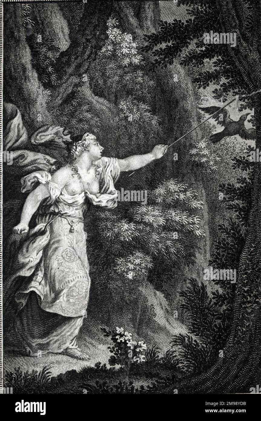 Circe transforming Picus into a woodpecker as punishment for rejecting her love, as described in Ovid's Metamorphoses. Stock Photo
