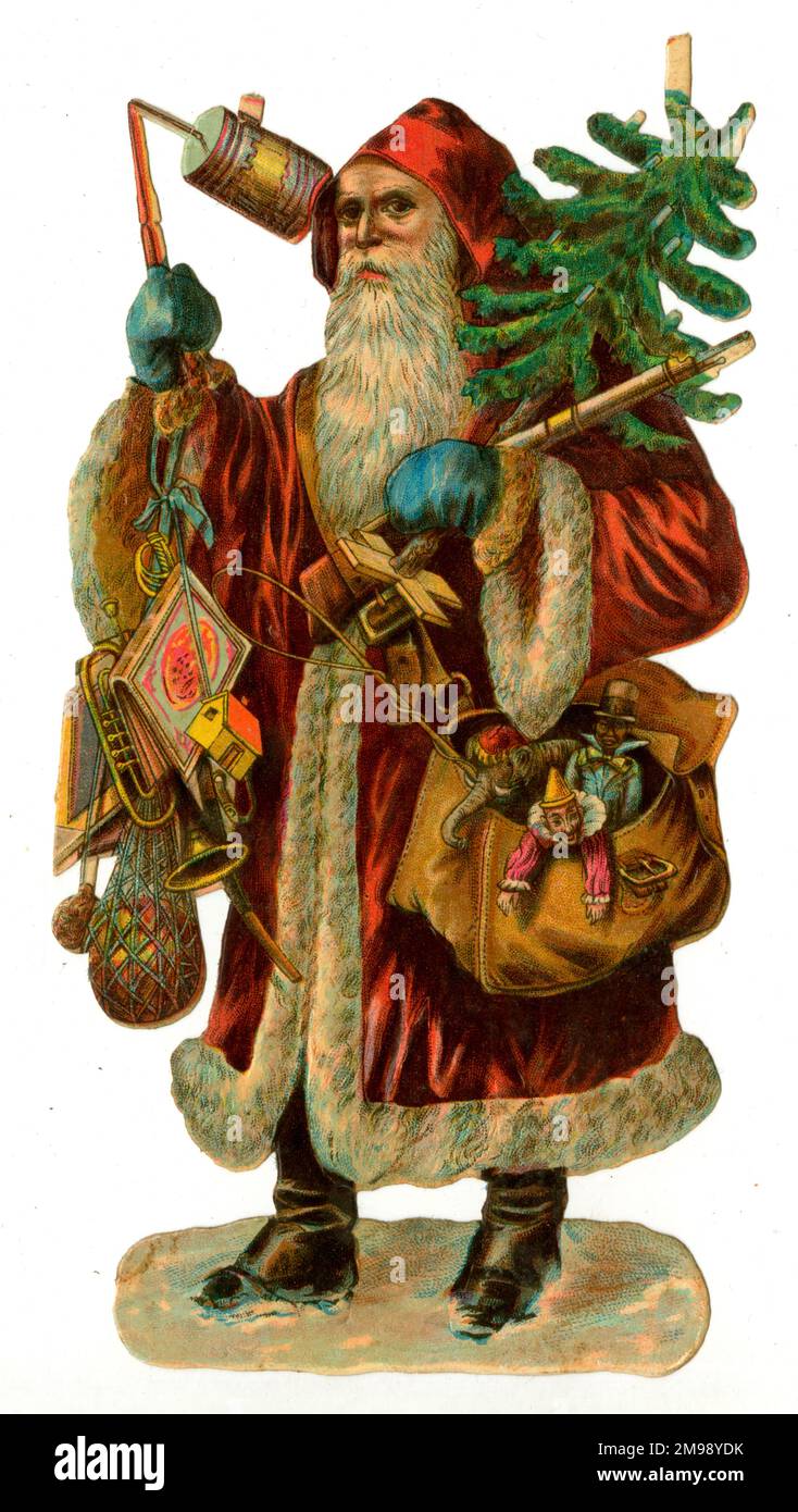 Victorian scrap - Santa with tree and sack of presents. Stock Photo