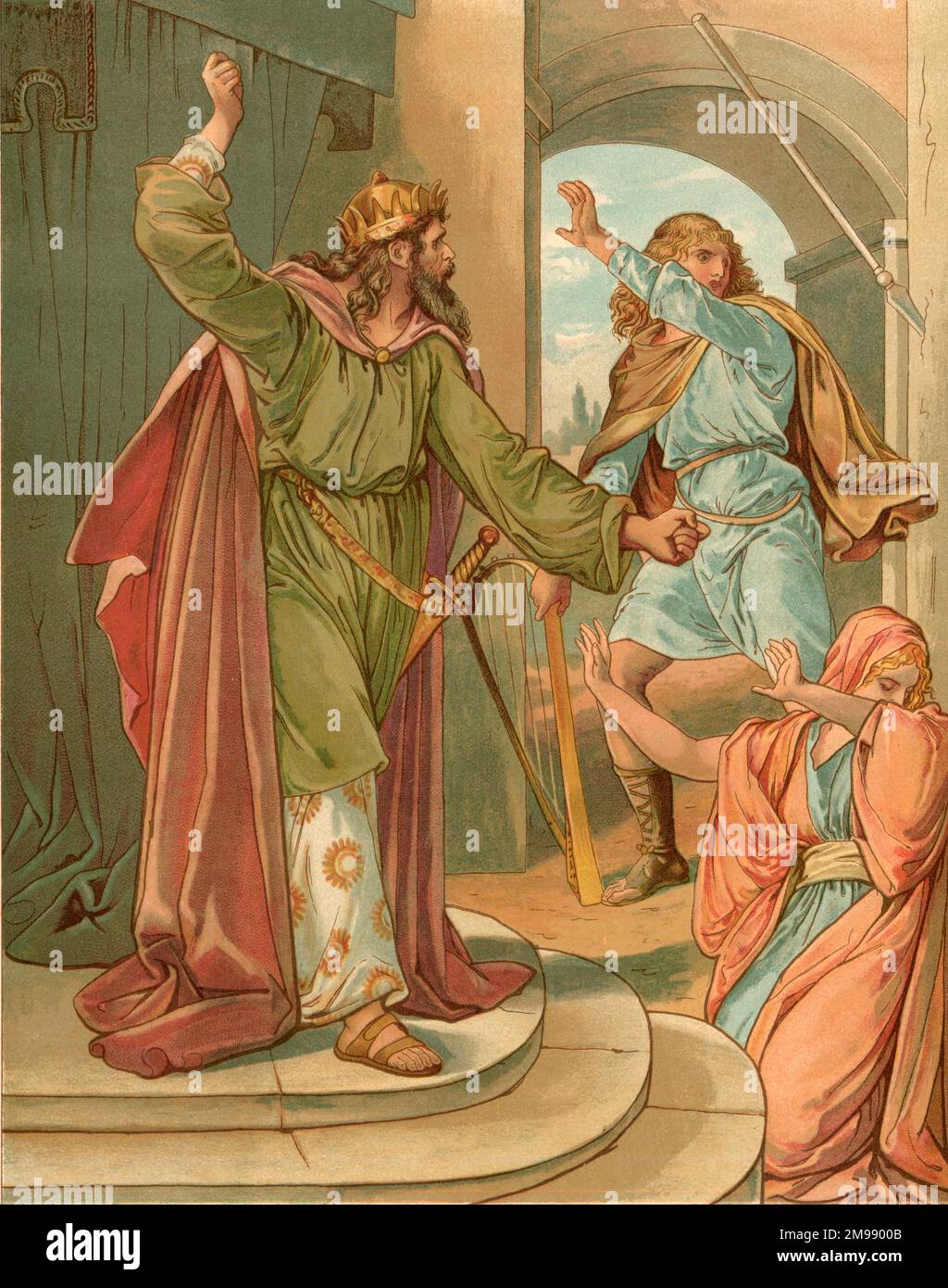 Biblical Tales by John Lawson, Saul's attempt to kill David. Stock Photo