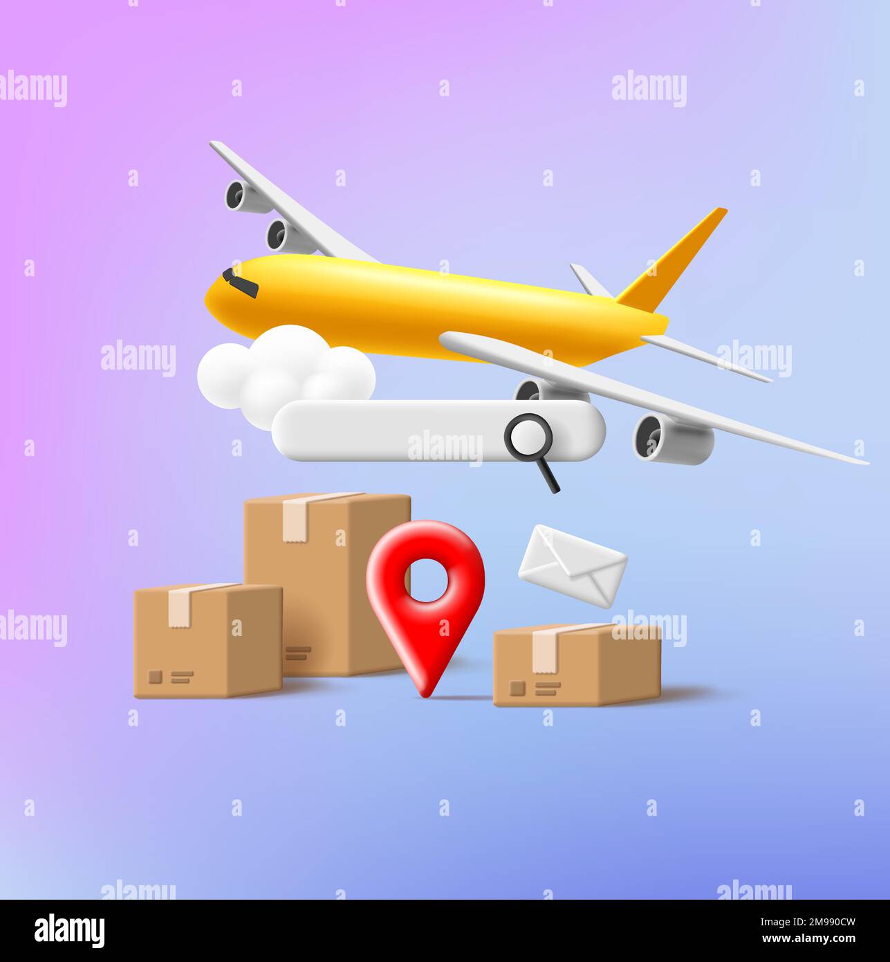 Shippment online tracking 3d render composition with carton boxes and yellow airplaine, search field UI element Stock Vector