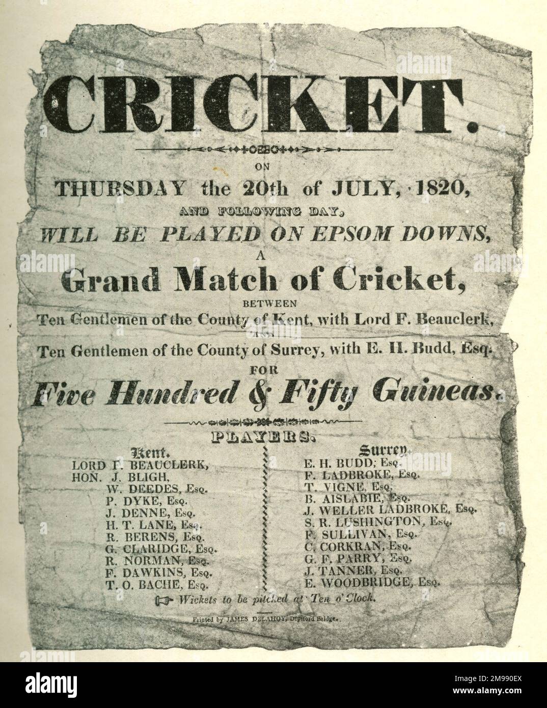 Handbill, Grand Match of Cricket, Epsom Downs, Kent versus Surrey. Stock Photo