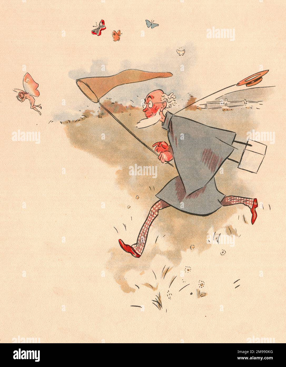Jumbles by Lewis Baumer - Butterfly Collector chasing Fairy with net. Stock Photo