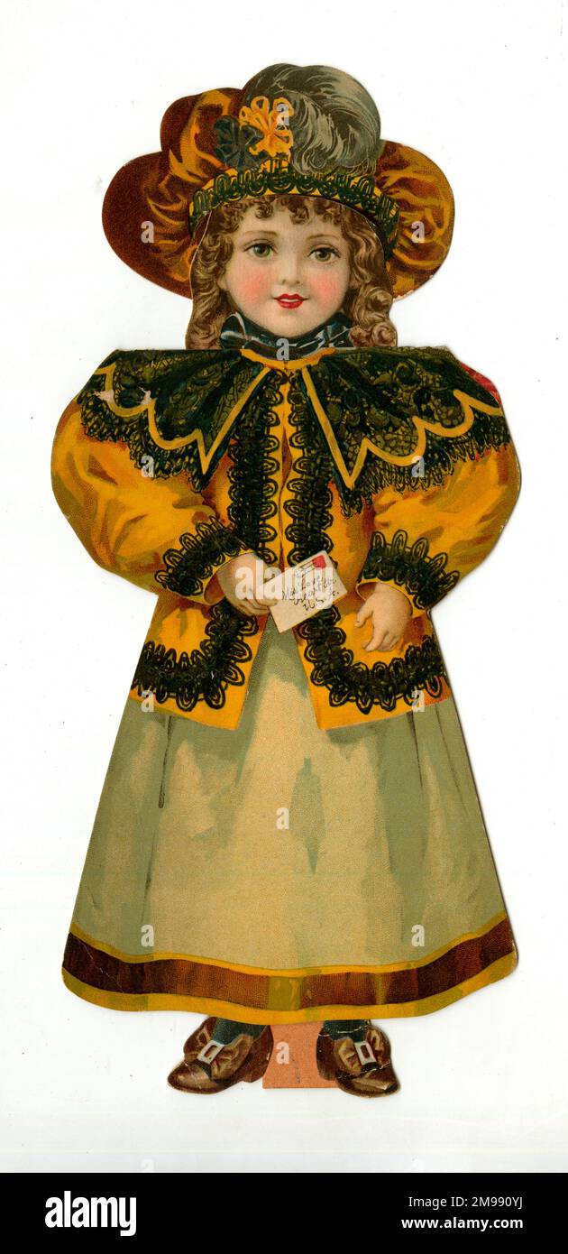 Paper Doll in beige and orange costume. Stock Photo