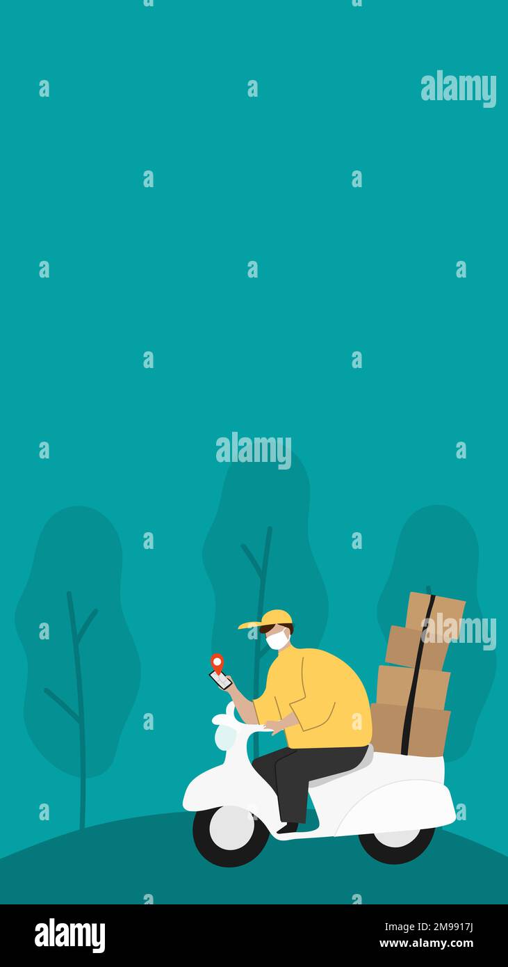 Delivery boy on a scooter with parcel boxes checking customer location