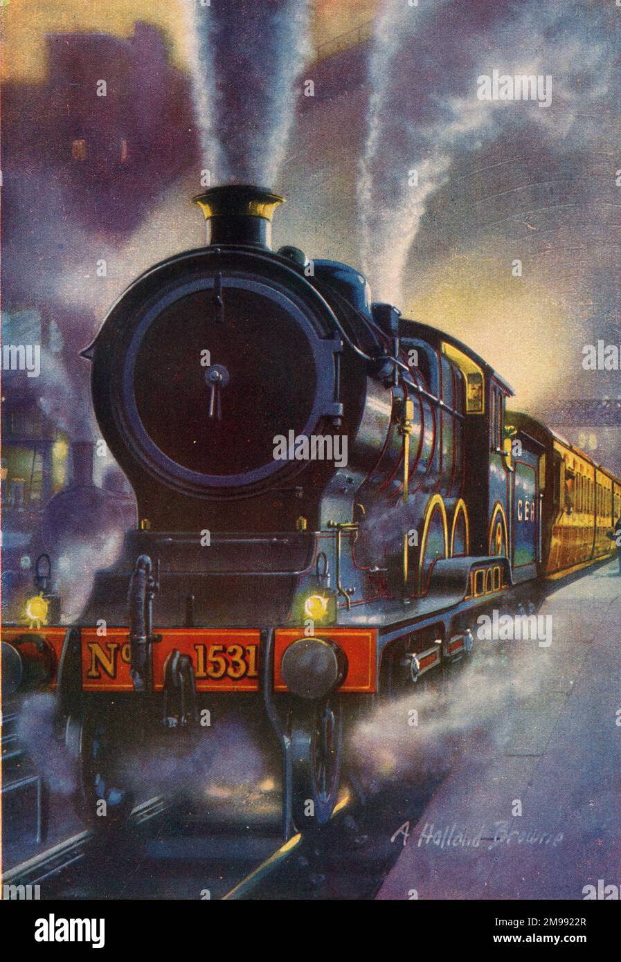 Continental Night Express Train of the Great Eastern Railway leaving Liverpool Street Station, London. Stock Photo