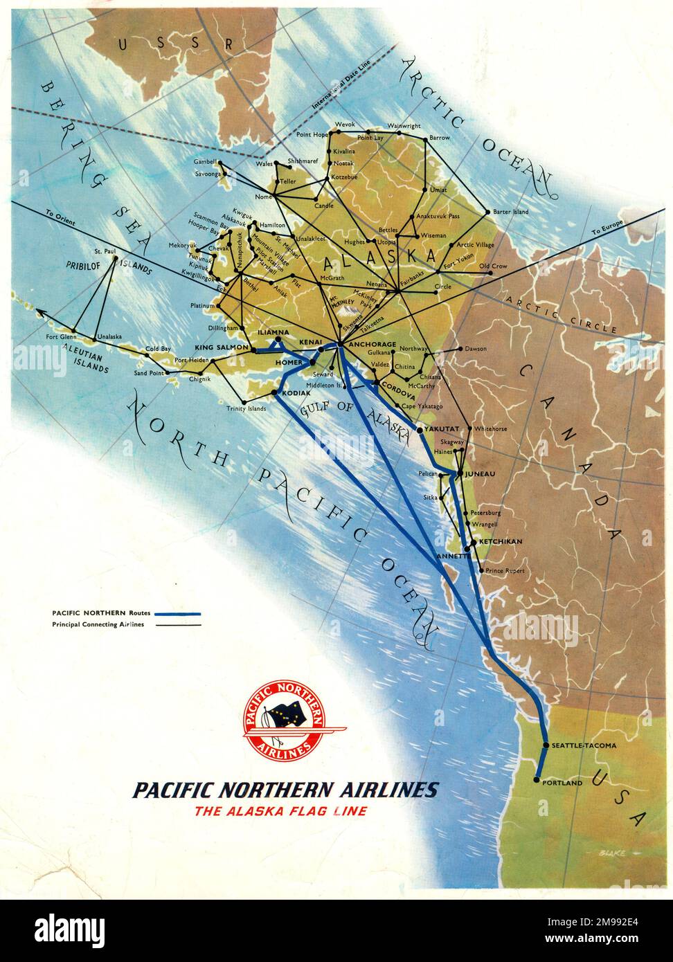 Poster, Pacific Northern Airlines, The Alaska Flag Line, with a map showing routes. Stock Photo