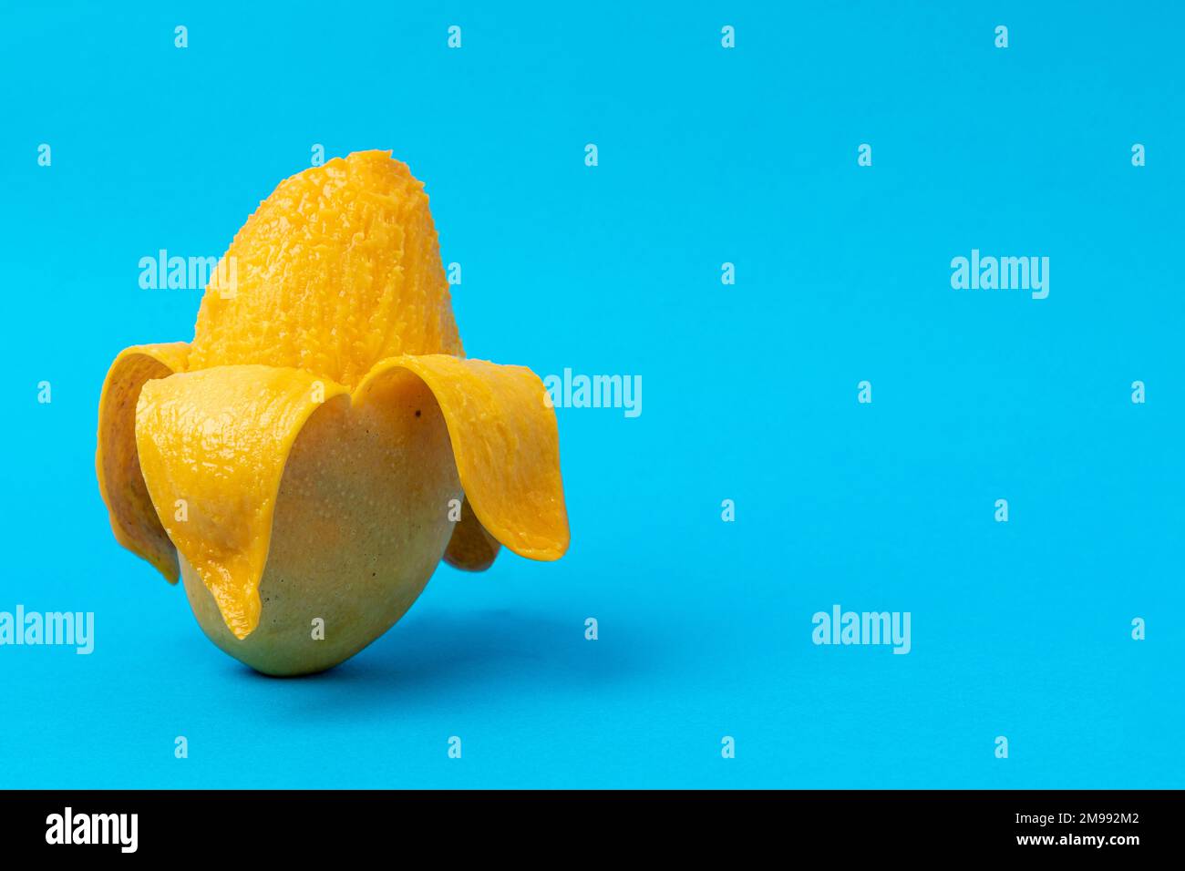 Peeled mango with blue background and copy space Stock Photo