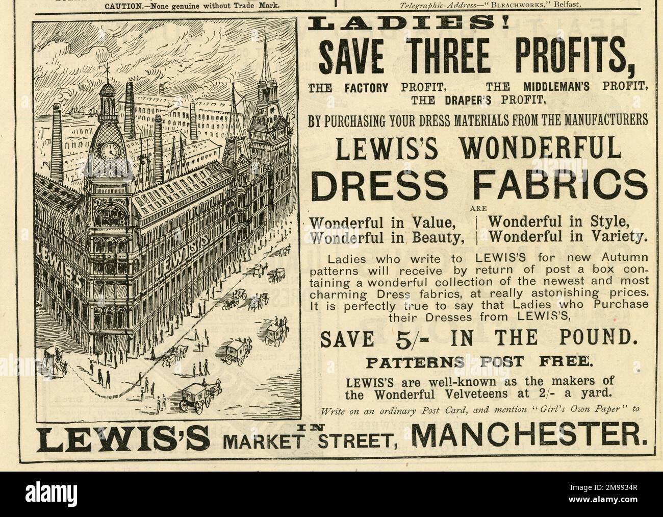 Advert, Lewis's Department Store, Manchester, October 1888 Stock Photo