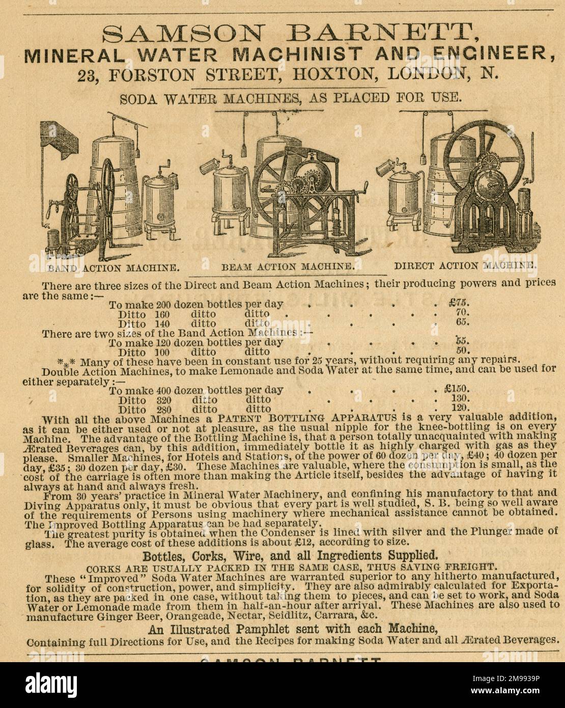 Advertisement for Samson Barnett, Mineral Water Machinist and Engineer. Stock Photo