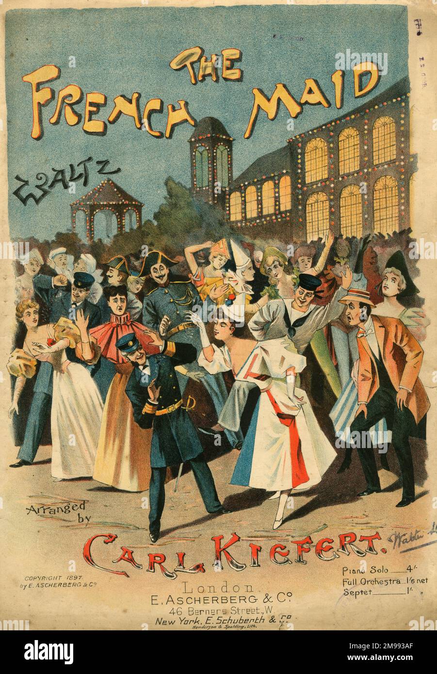 Music cover, The French Maid Waltz, arranged by Carl Kiefert, depicting a fancy dress party. Stock Photo