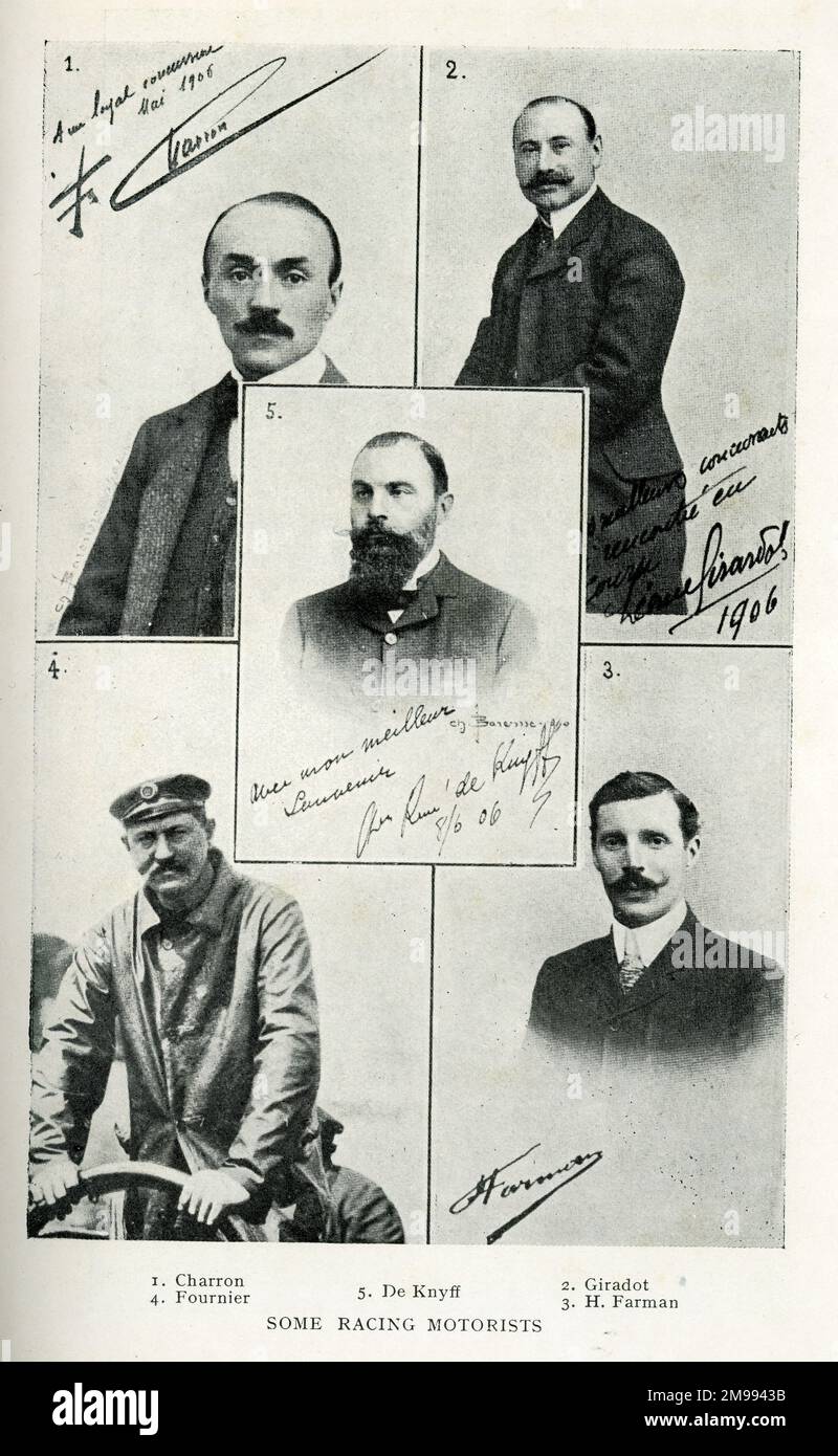 Early Motor Car Racing, portraits of drivers - 1 Charron, 2 Girardot, 3 Farman, 4 Fournier, 5 De Kruyff. Stock Photo