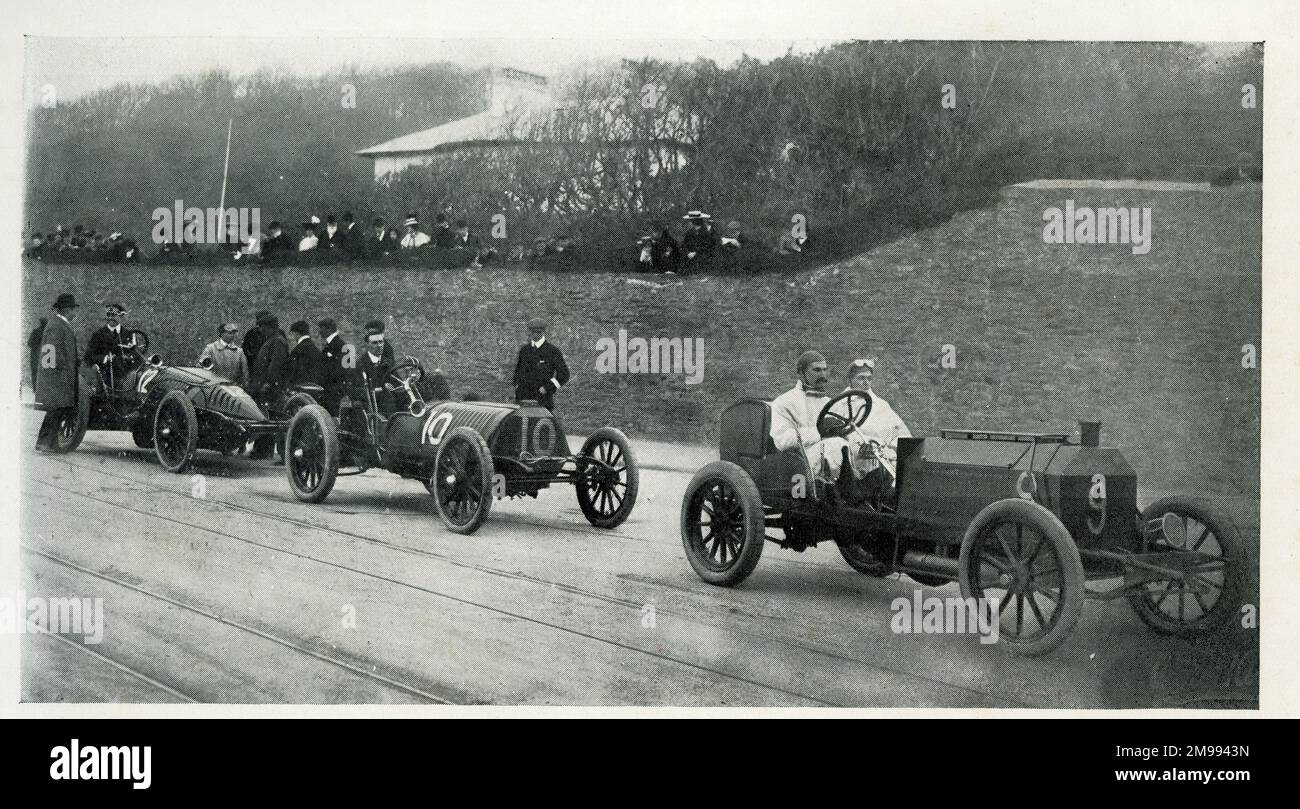 Early Motor Car Racing - British Team for Gordon-Bennett Races (left to right) Charles Jarrott, Sidney Girling, Selwyn Edge. Stock Photo