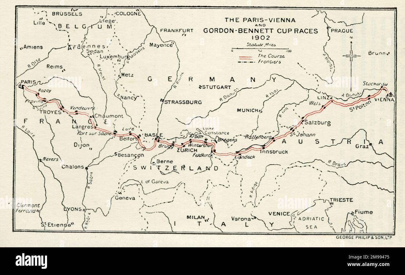 Early Motor Car Racing - Paris-Vienna and Gordon-Bennett Cup Races map, 1902. Stock Photo