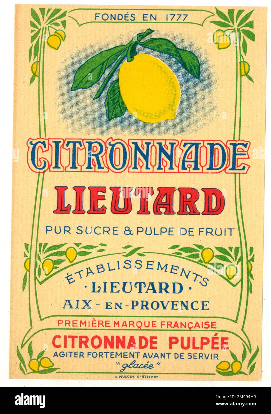 French Drinks Bottle Label, Citronnade Lieutard, sweet lemonade Stock