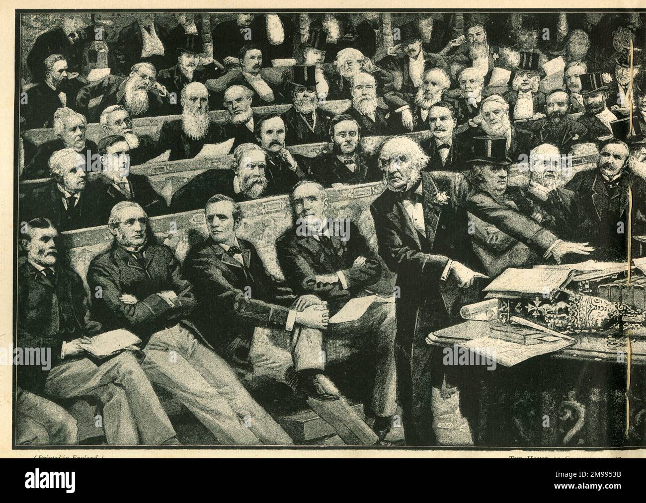 Gladstone speaking in the House of Commons during the debate on the Irish Home Rule Bill. Stock Photo