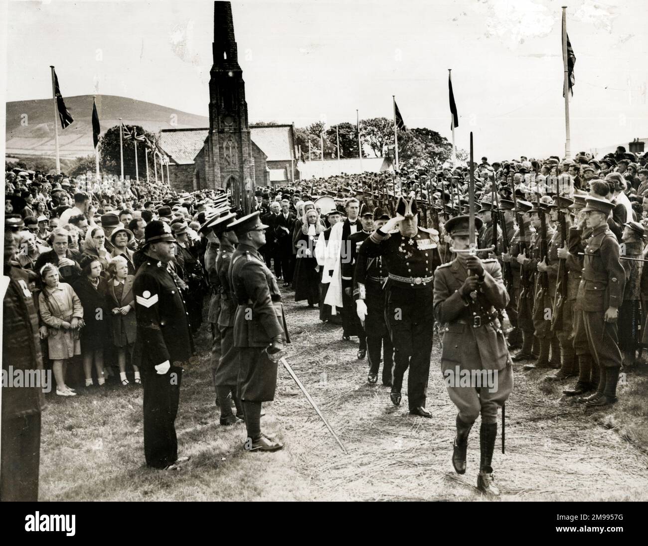 Vice-Admiral W S Leveson Gower, 4th Earl Granville, Lieutenant-Governor of the Isle of Man, taking part in a procession on Tynwald Hill, an ancient ceremony promulgating new laws, on 5 July 1938. Stock Photo