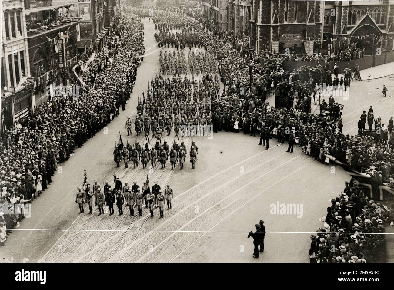 Peace celebrations - French troops marching along Westminster Bridge Road, London, July 1919. Stock Photo
