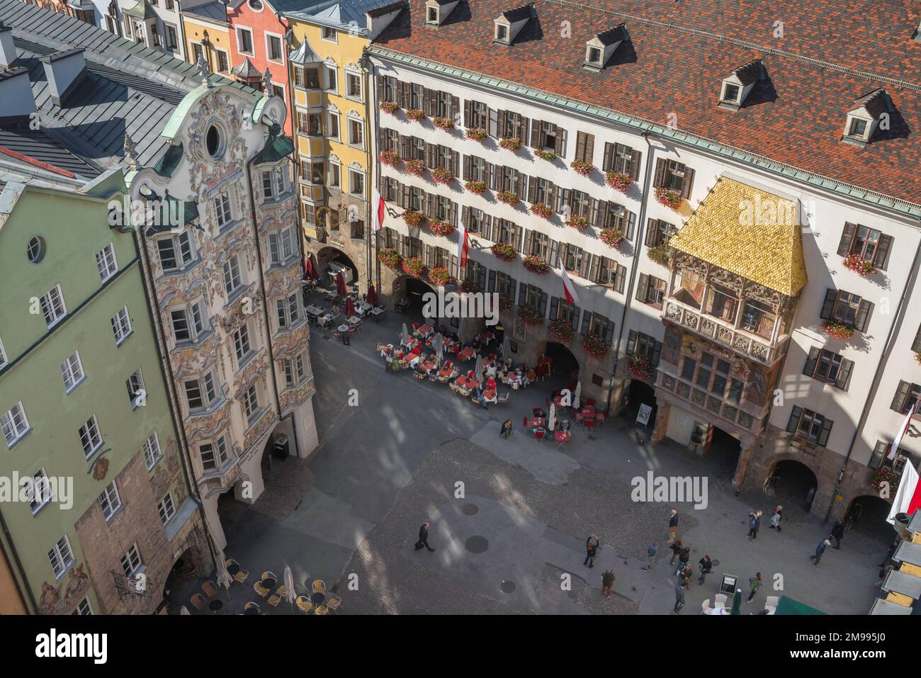 Innsbruck Austria, aerial view of the landmark Golden Roof sited in a square in Herzog Friedrich Strasse in the center of Innsbruck old town, Austria Stock Photo