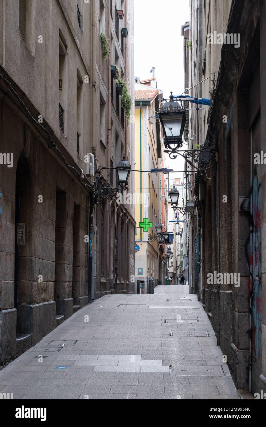 Basque Street Street in Old Town, Bilbao, Basque Country, with an undulated paved ...