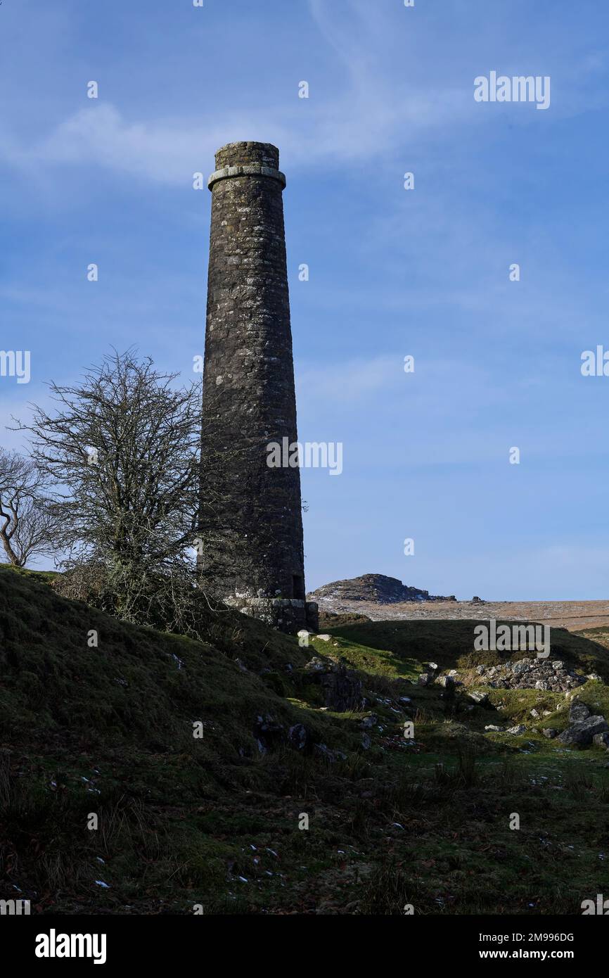 Old Gunpowder Mill Stack, Powdermills, Postbridge, Dartmoor, Devon. Stock Photo