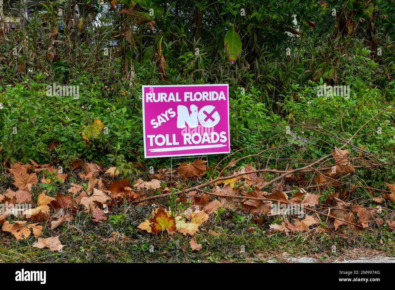 Anti-toll roads sign in rural North Florida, small town. Stock Photo