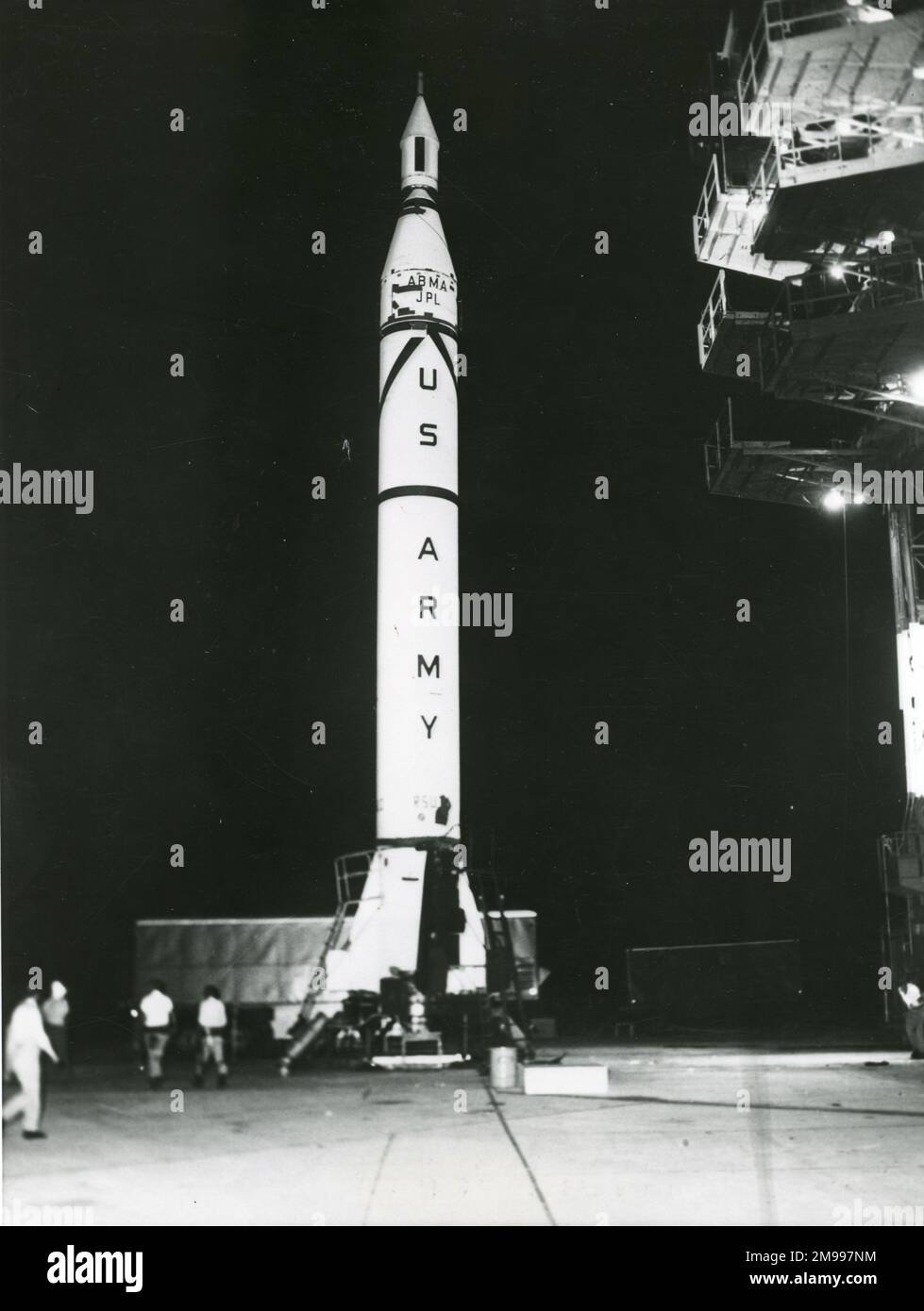 Chrysler Jupiter-C sounding rocket at Cape Canaveral on 8 August 1957 prior to the third and final sub-orbital test of a re-entry nose cone. Stock Photo