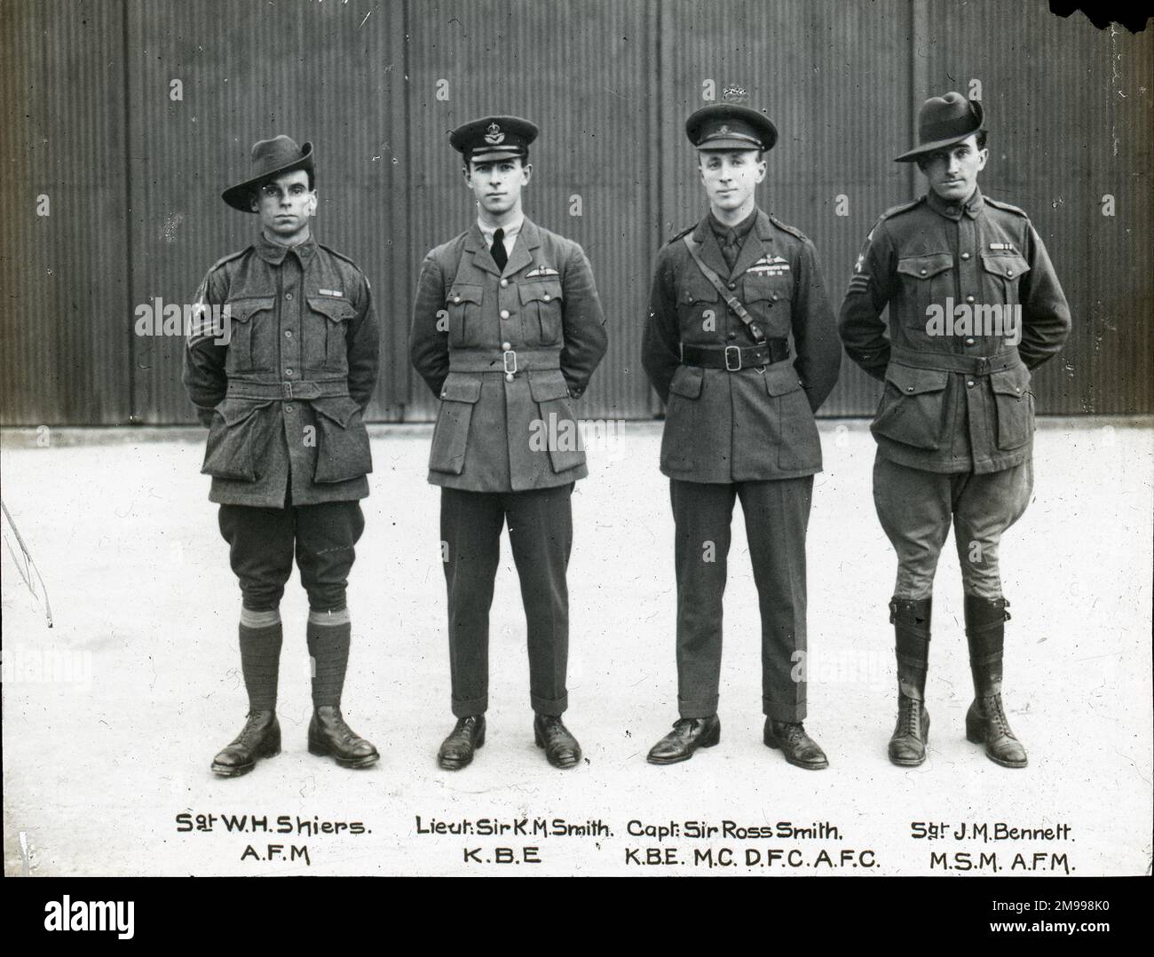 From left: Sgt W.H. Shiers, AFM; Lt Sir Keith M. Smith, KBE; Capt Sir Ross Smith, MC, DFC, AFC; and Sgt J.M. Bennett, MSM, AFM. Stock Photo