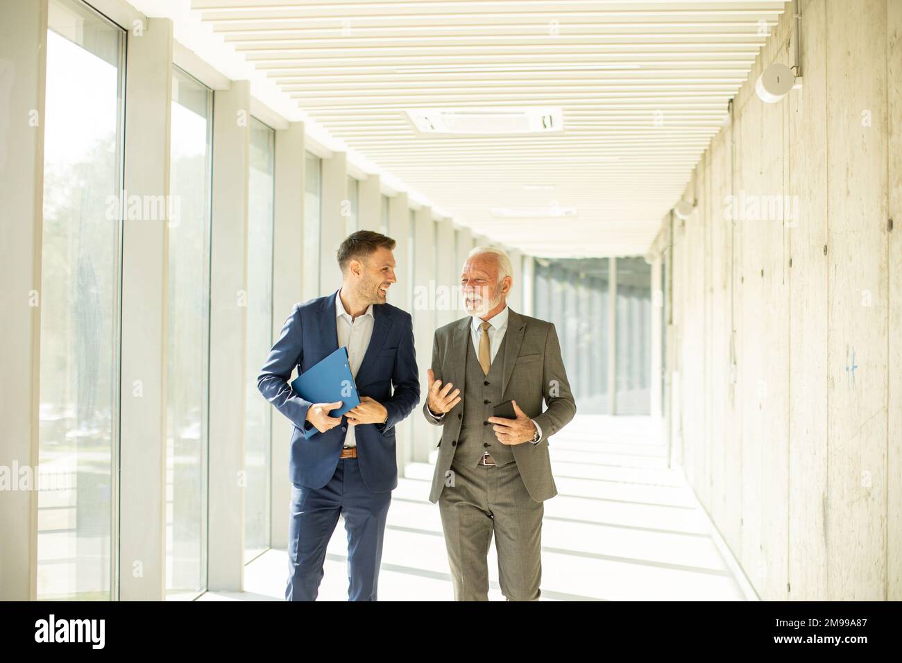 Handsome mature businessman and his young colleague discussing financial report Stock Photo