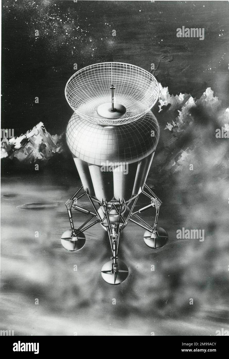 An artist?s impression of a lunar probe designed by engineer-members of the British Interplanetary Society to make an unmanned survey of the Moon. c.July 1958. Stock Photo