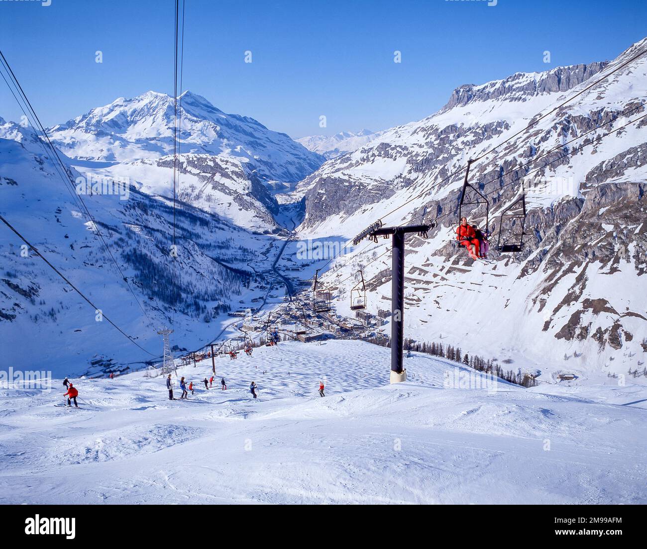 Resort view from slopes, Tignes, Savoie Region, Rhône-Alpes, Auvergne-Rhône-Alpes, France Stock Photo