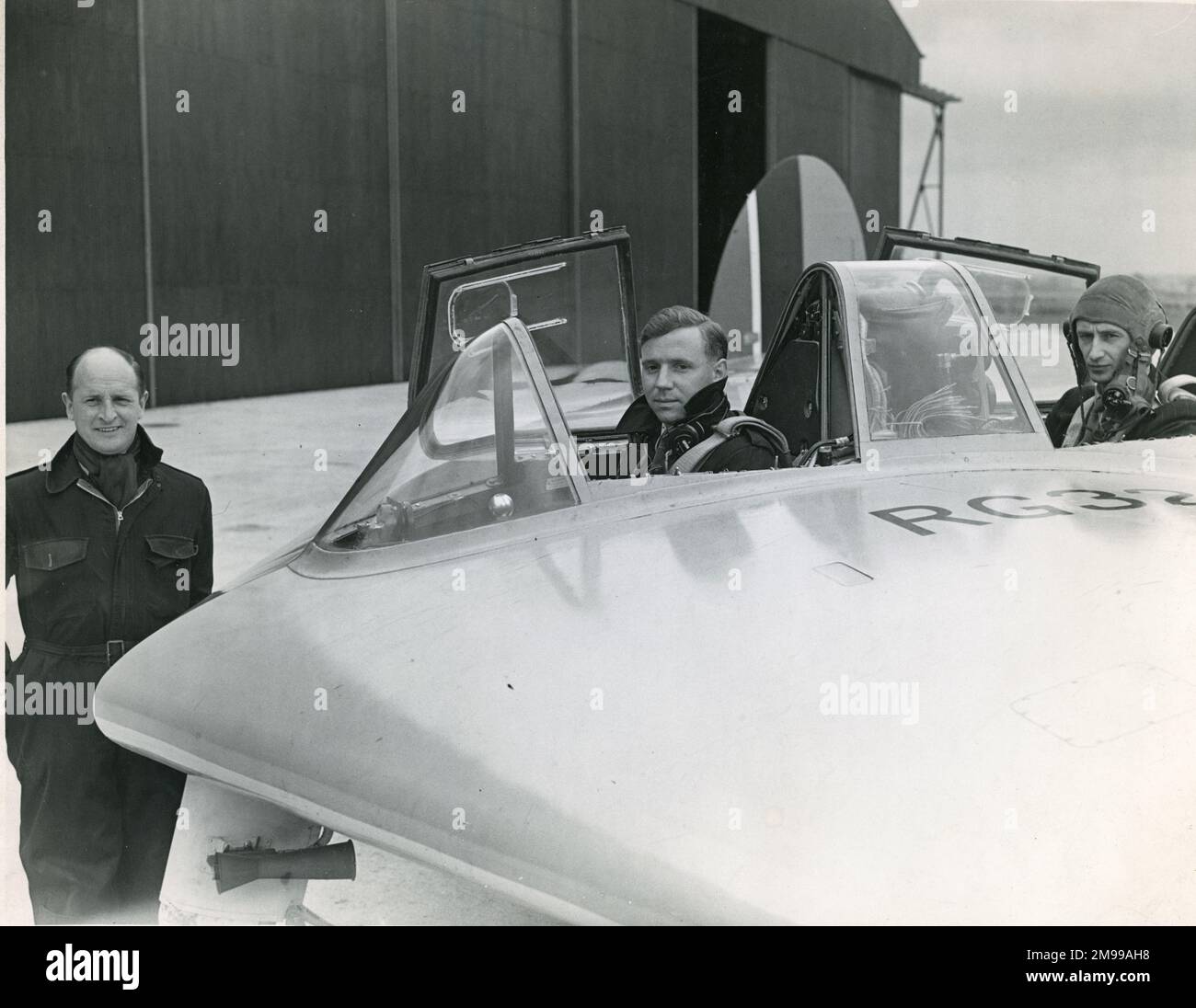 From left: Frederick Ronald Midgley (1907-1985), Chief Test Pilot, Sqn Ldr Eric George Franklin OBE, DFC, AFC, Test Pilot and Barratt, Test Observer, in the Armstrong Whitworth AW52G, RG324. Stock Photo
