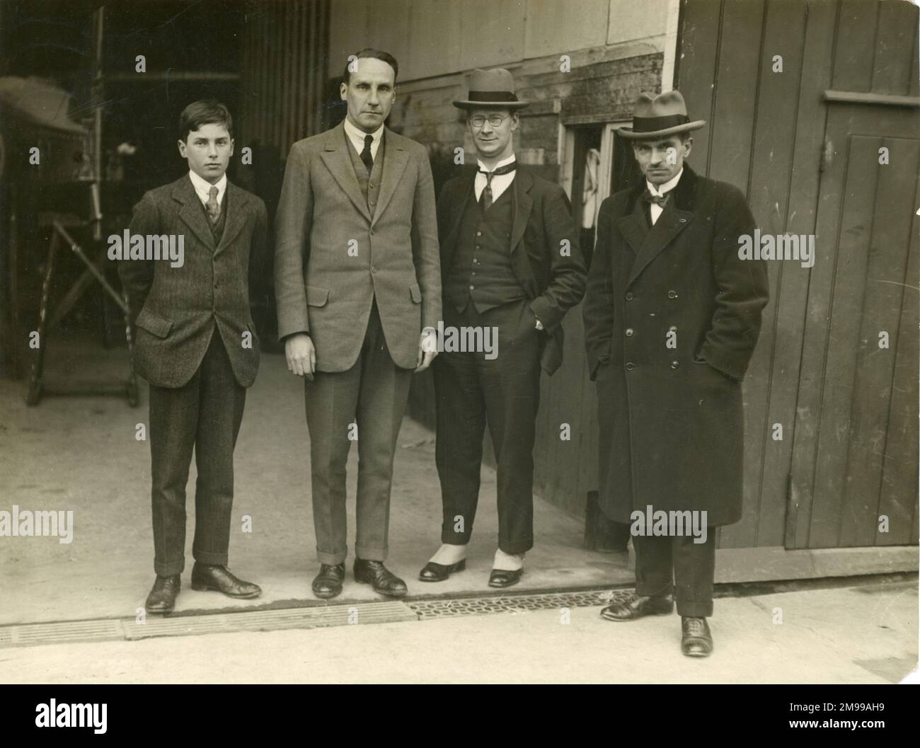 HRH Infante Don Alfonso of Spain at the works of the Gloucestershire Aircraft Co, Cheltenham. From right: Capt Gordon W. Charley, H.P. Folland, HRH The Infante and his son Prince Albert. Stock Photo