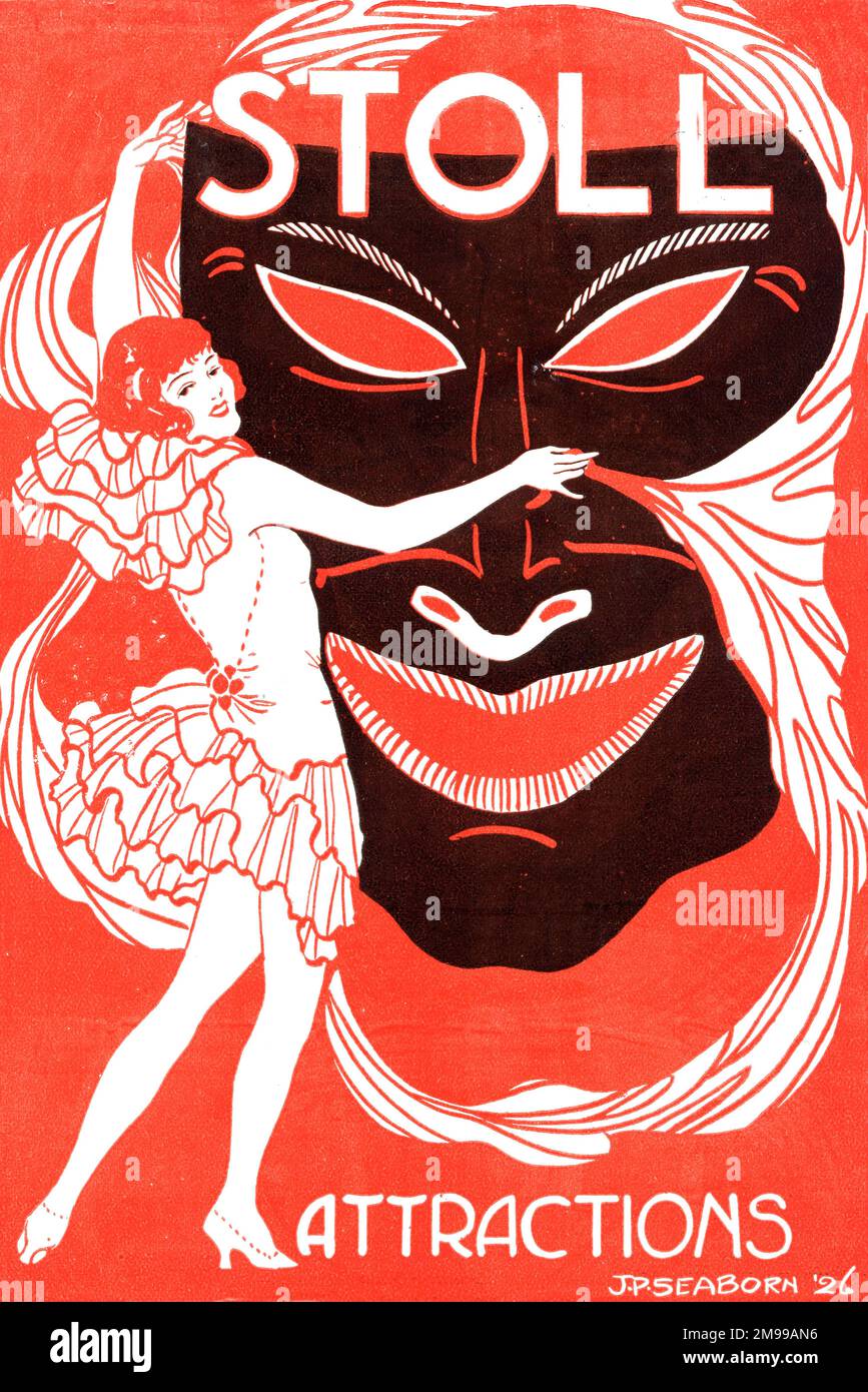 Cover of the Stoll Herald, Bristol Hippodrome editions, with a woman dancing around a rather sinister theatrical mask. Stock Photo