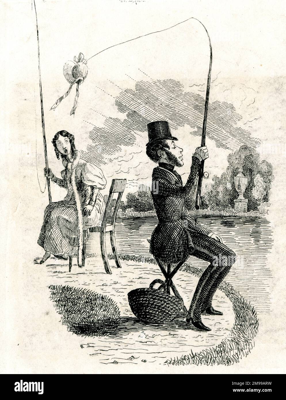 Cartoon, Fisherman catching a lady's bonnet. Stock Photo