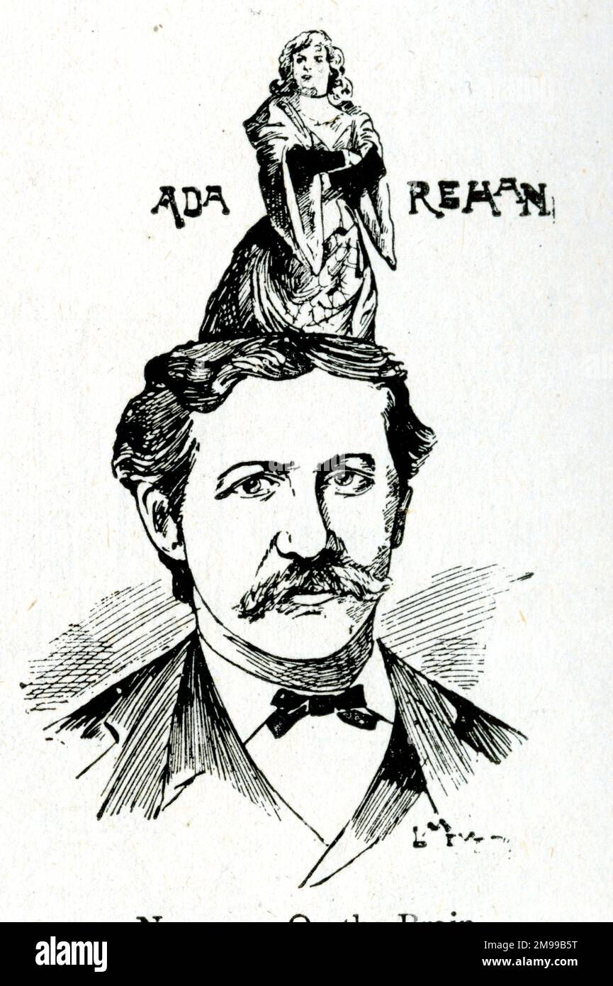 Cartoon portrait of Augustin Daly, American drama critic, theatre manager and, playwright. On his head is a miniature figure of Ada Rehan, an actress who appeared in many of his plays. Stock Photo