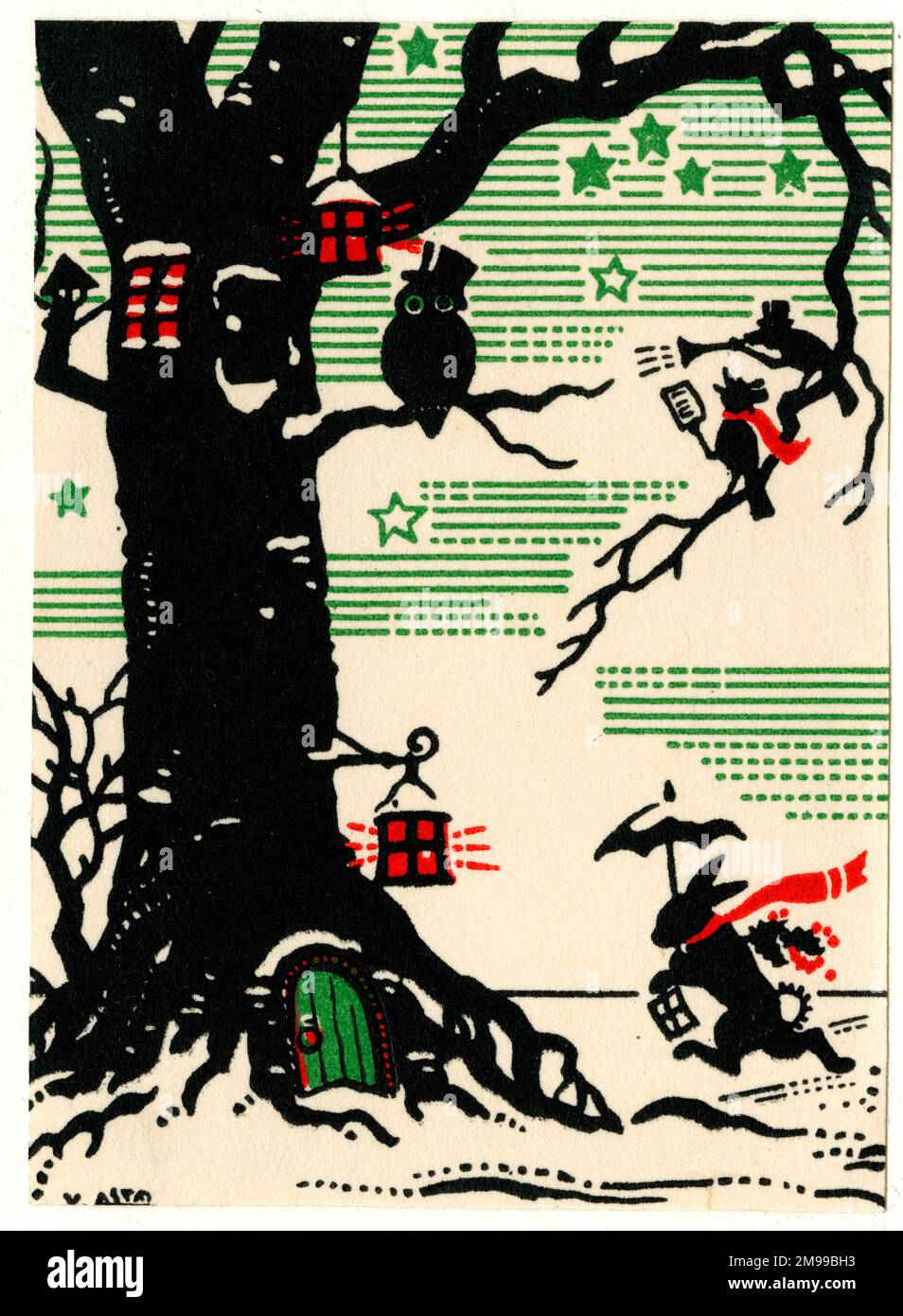 Christmas card, humanised rabbit and owl in a winter setting Stock ...