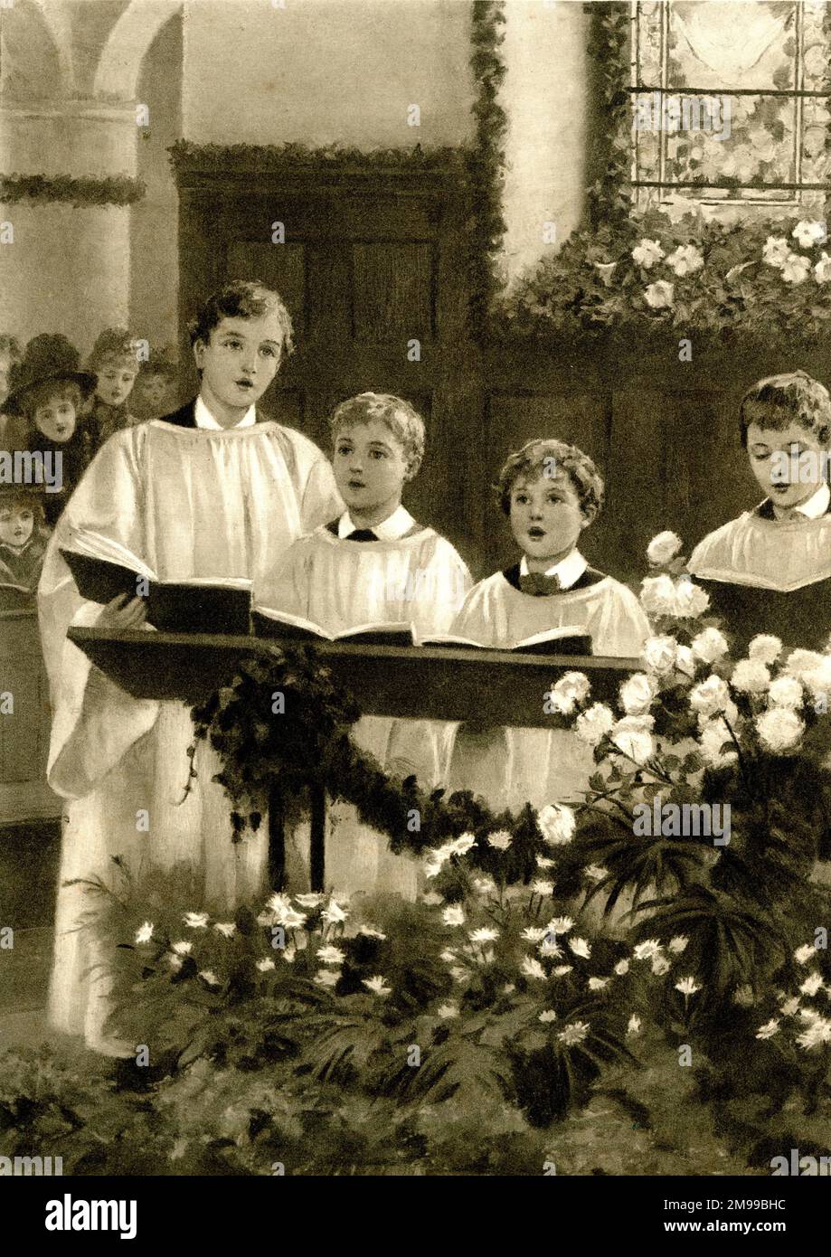 Christmas morning, choirboys singing in church. Stock Photo