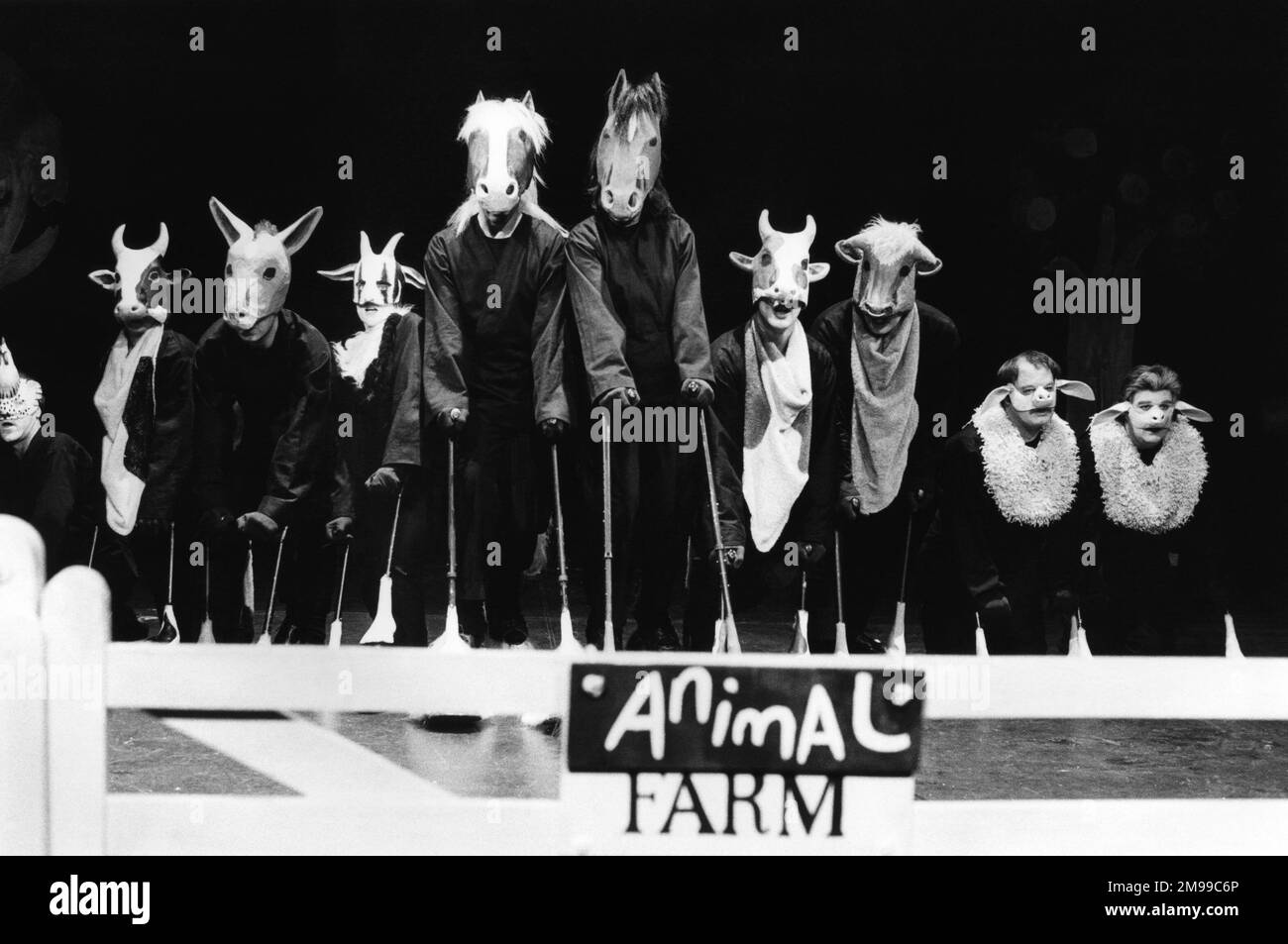 front centre - left: Boxer  right: Clover in ANIMAL FARM by George Orwell at the Cottesloe Theatre, National Theatre (NT), London SE1  25/04/1984  adapted & directed by Peter Hall  design: Jennifer Carey  lighting: John Bury  movement: Stuart Hopps Stock Photo