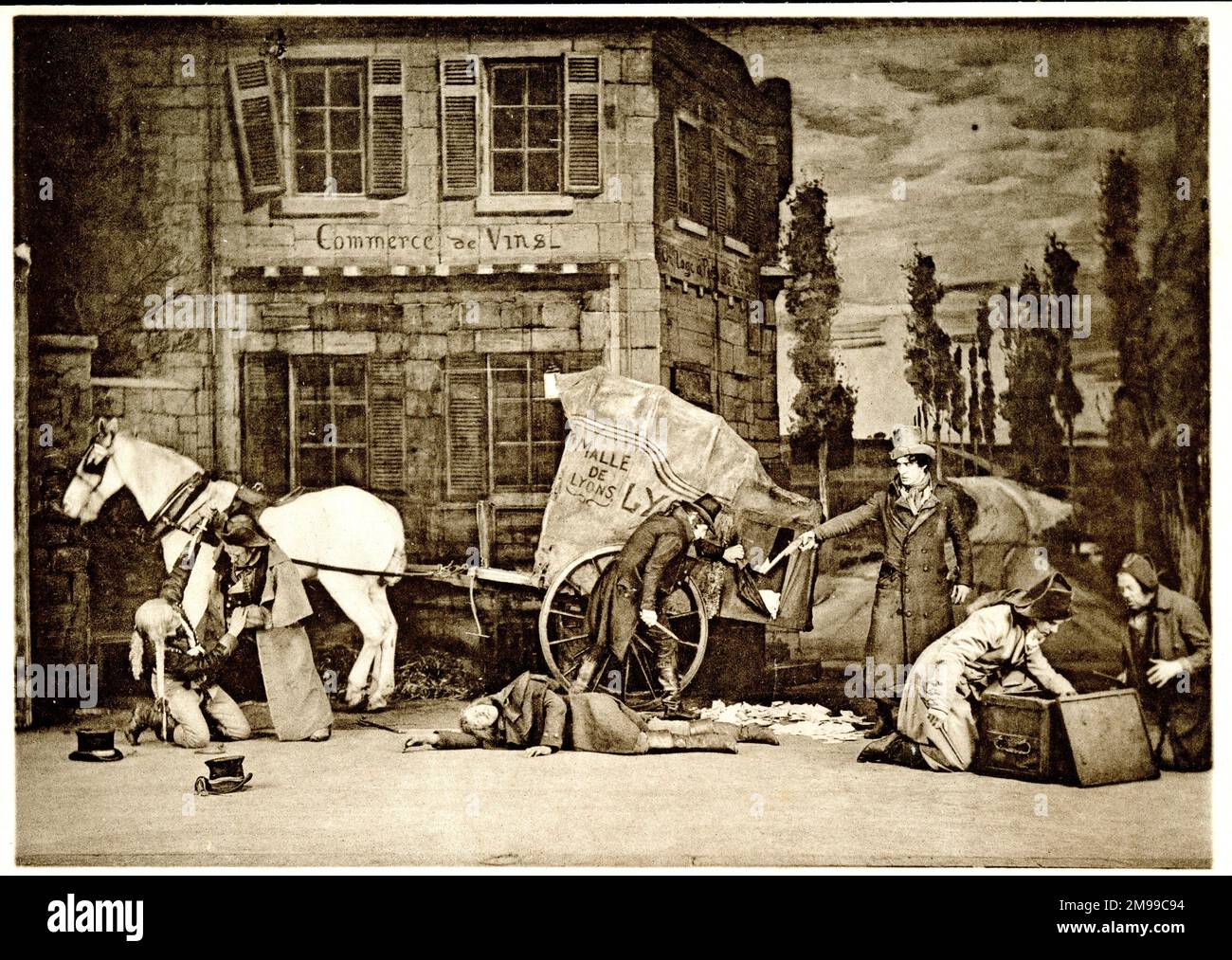 Highway robbery in a play, The Lyons Mail, written by Charles Reade in 1854, produced at the Shaftesbury Theatre, London, in 1909 - based on a real incident during the French Revolution (27-28 April 1796) when a mailcoach was ambushed outside Paris, money was stolen and people were killed. Stock Photo