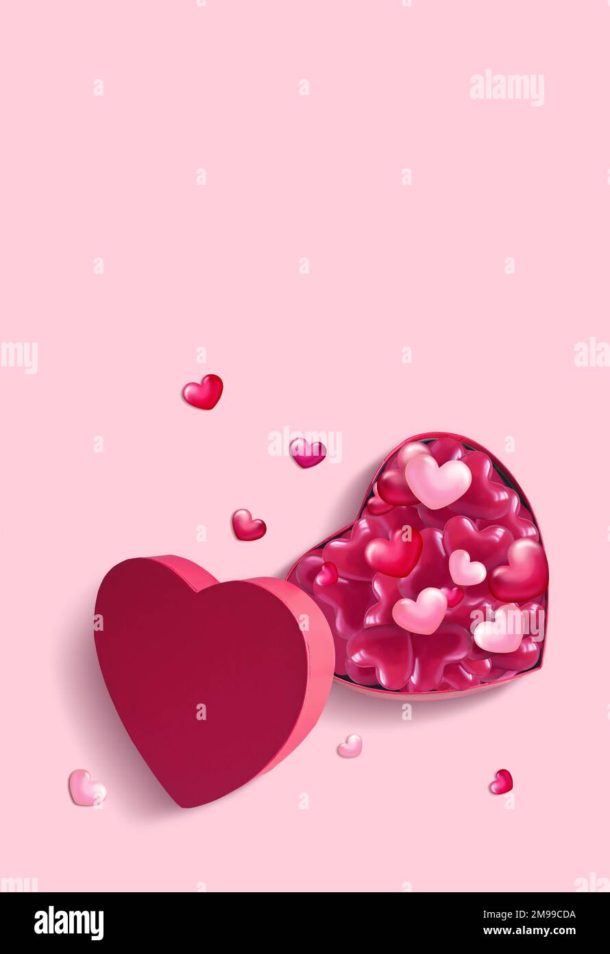 Open pink heart shaped gift box with hearts on pink background. Design for Valentine's Day. Stock Photo