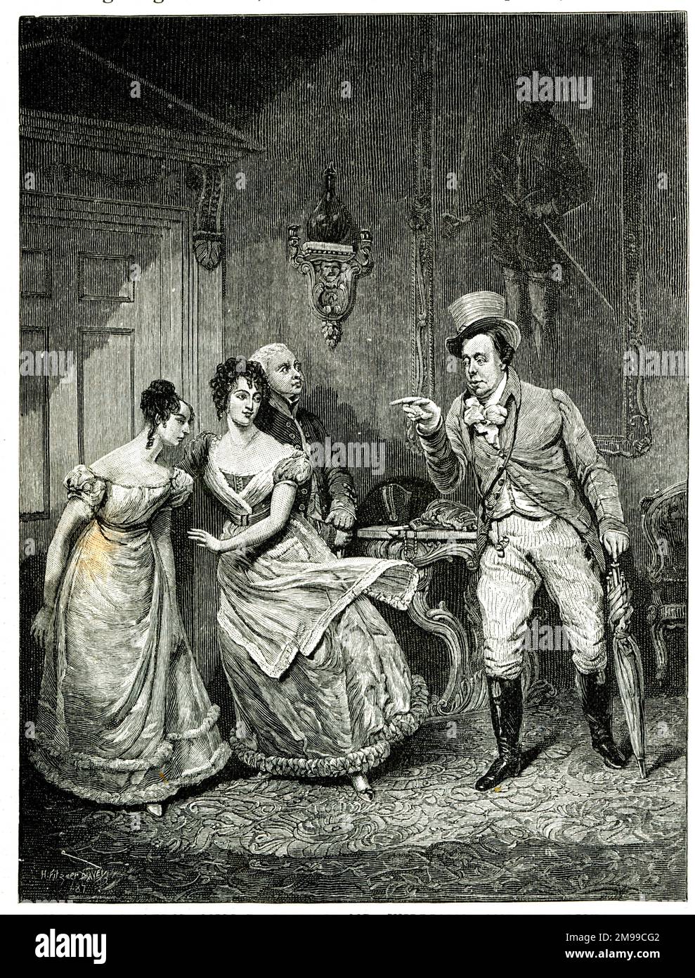 Madame Vestris, Miss P Glover, Mr Williams and John Liston in the popular comedy by John Poole, Paul Pry, which premiered at the Haymarket Theatre, London, in 1825. Stock Photo