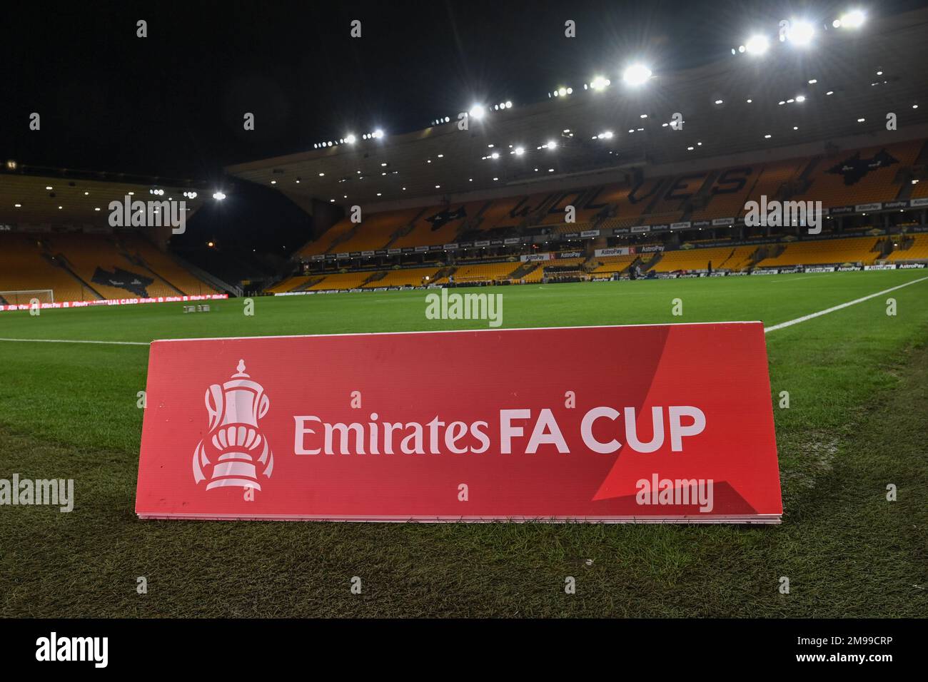 An Emirates FA Cup branded banner at Molineux during the Emirates FA Cup Third Round Replay match Wolverhampton Wanderers vs Liverpool at Molineux, Wolverhampton, United Kingdom, 17th January 2023  (Photo by Craig Thomas/News Images) Stock Photo
